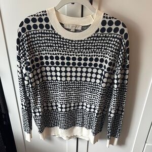 LOFT Navy and White Crew Neck Sweater with Geometric Patterns